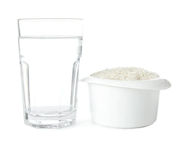 Bowl Rice Glass Water White Background — Stock Photo, Image