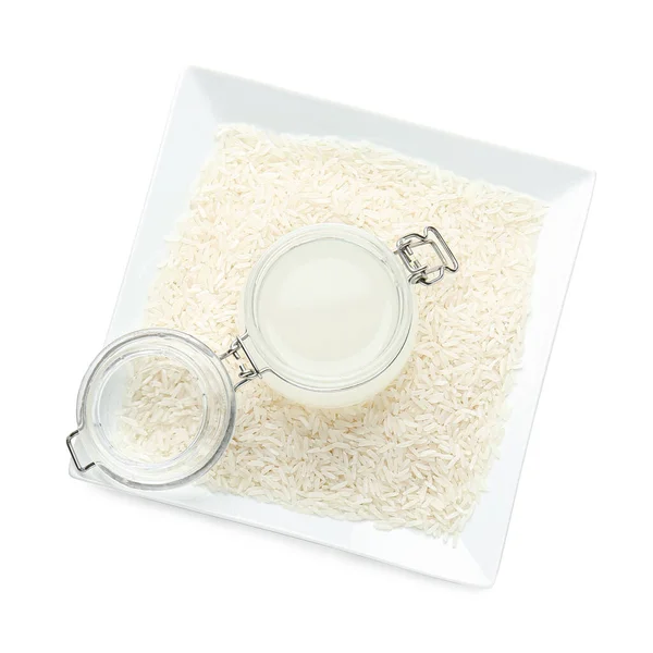 Jar Rice Water White Background — Stock Photo, Image