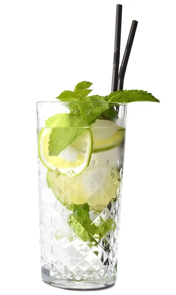 Glas Färsk Mojito Vit Bakgrund — Stockfoto