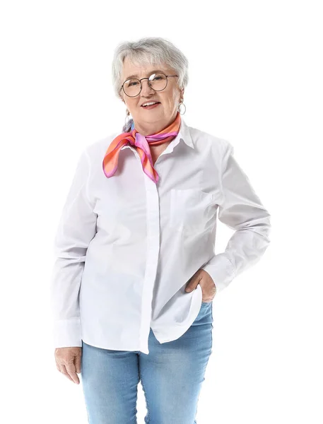 Stylish Senior Woman White Background — Stock Photo, Image