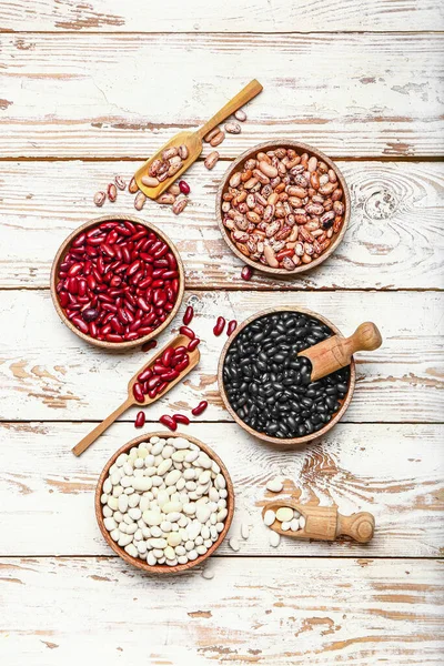 Different Raw Legumes White Wooden Background — Stock Photo, Image