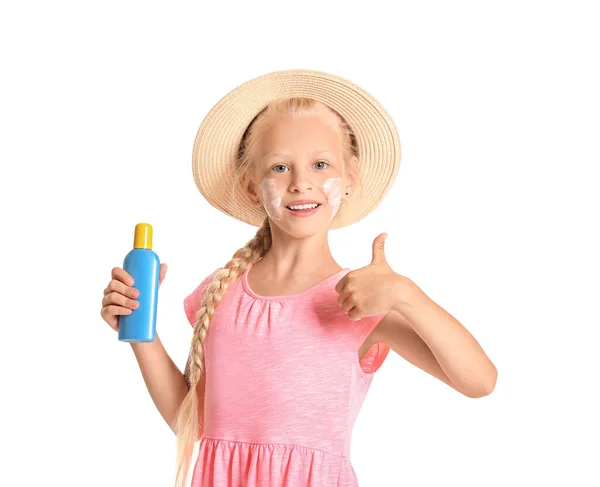 Little Girl Sun Protection Cream Showing Thumb Gesture White Background — Stock Photo, Image