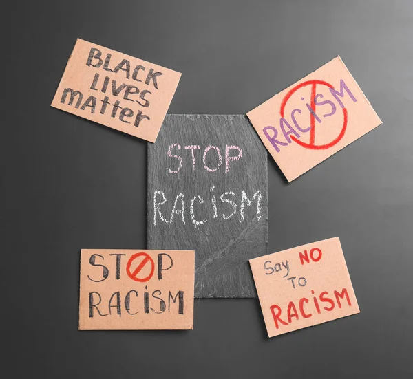 Different Placards Dark Background Stop Racism — Stock Photo, Image