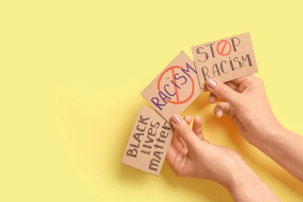 Female Hands Different Placards Color Background Stop Racism — Stock Photo, Image