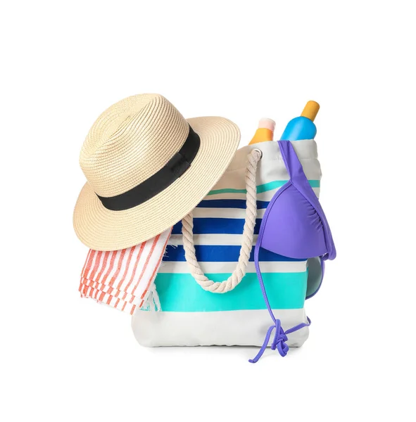 Tas Met Strand Accessoires Witte Achtergrond — Stockfoto