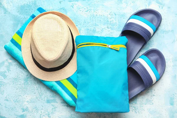 Bag Beach Accessories Color Background — Stock Photo, Image