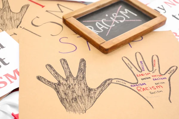 Chalkboard Crossed Out Word Racism Placards — Stock Photo, Image