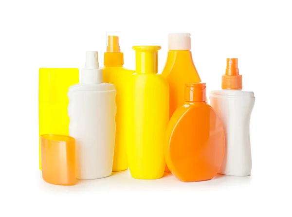 Bottles Sunscreen White Background — Stock Photo, Image