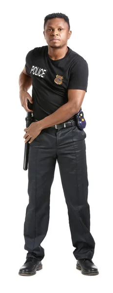 Агрессивный Афро Американский Офицер Полиции Белом Фоне — стоковое фото