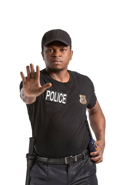 Aggressive African American Police Officer White Background — Stock Photo, Image