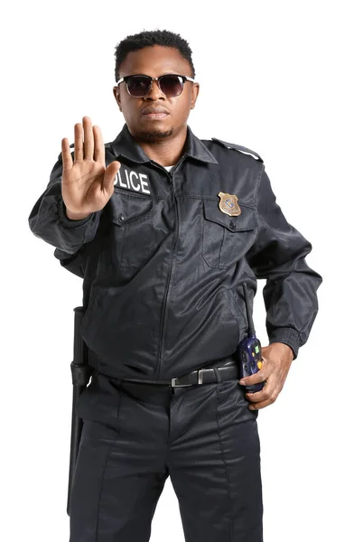 Aggressive African American Police Officer White Background — Stock Photo, Image