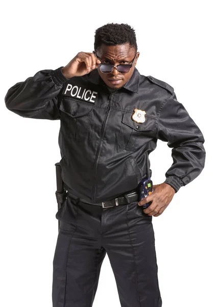 Aggressive African American Police Officer White Background — Stock Photo, Image
