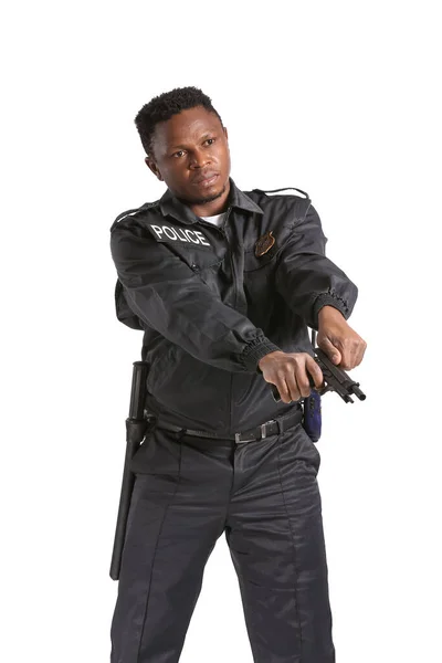 Aggressive African American Police Officer Gun White Background — Stock Photo, Image