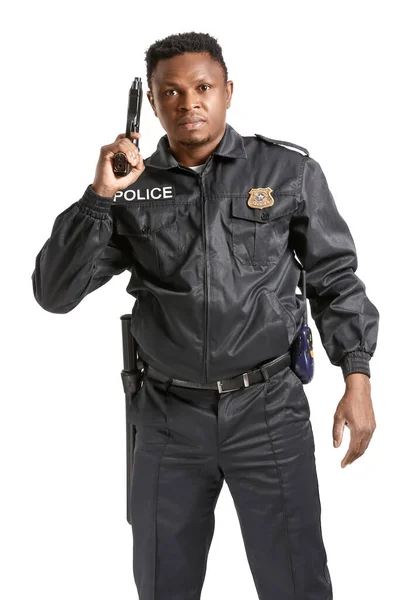 Aggressive African American Police Officer Gun White Background — Stock Photo, Image