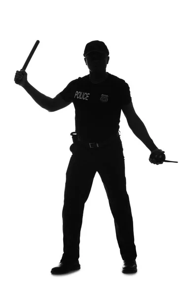 Silhouette Eines Aggressiven Afroamerikanischen Polizisten Mit Schlagstock Auf Weißem Hintergrund — Stockfoto