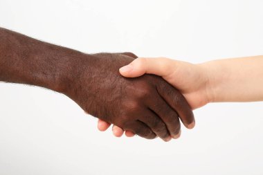 Beyaz kadın ve Afro-Amerikan erkek, arka planda el sıkışıyorlar. Irkçılık kavramı