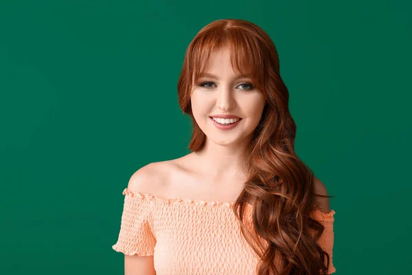 Beautiful Young Redhead Woman Color Background — Stock Photo, Image