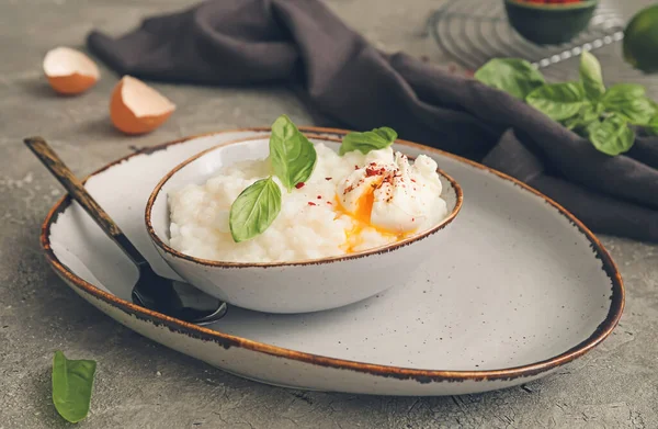 Bowl Boiled Rice Egg Grey Background — Stock Photo, Image