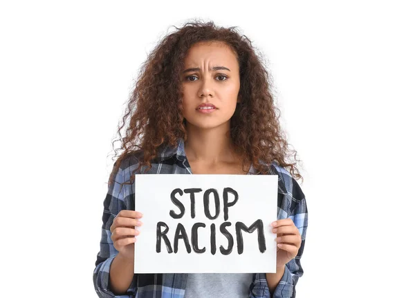 Mulher Afro Americana Com Cartaz Sobre Fundo Branco Acabar Com — Fotografia de Stock