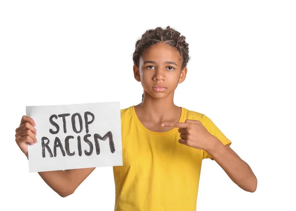 Menina Afro Americana Com Cartaz Sobre Fundo Branco Acabar Com — Fotografia de Stock