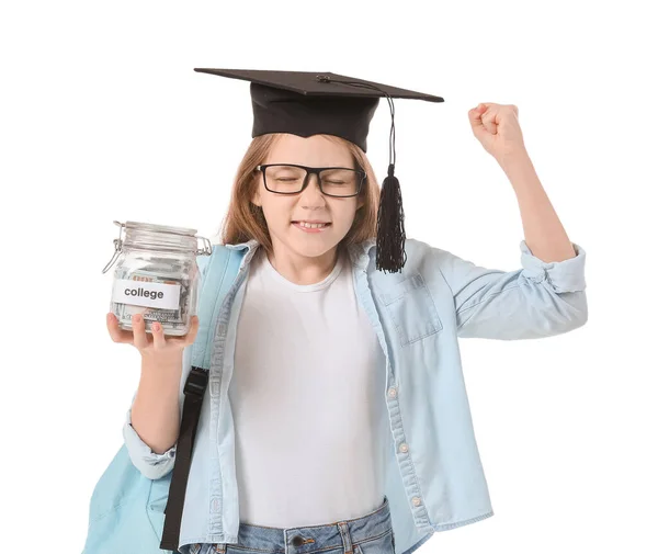 Ragazza Felice Con Risparmi Istruzione Sfondo Bianco — Foto Stock