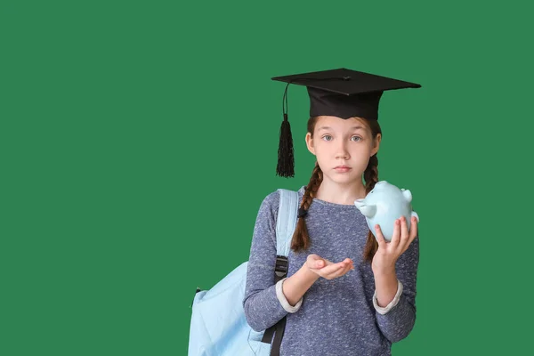 Sad Girl Empty Piggy Bank Color Background Concept Savings Education — Stock Photo, Image