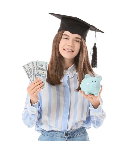 Tiener Meisje Met Besparingen Voor Onderwijs Witte Achtergrond — Stockfoto