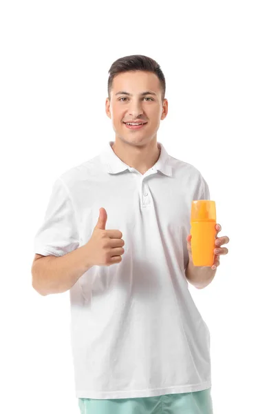 Jovem Feliz Com Creme Proteção Solar Fundo Branco — Fotografia de Stock