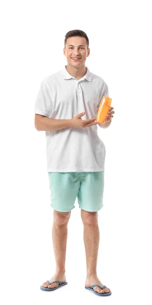 Joyeux Jeune Homme Avec Crème Protection Solaire Sur Fond Blanc — Photo