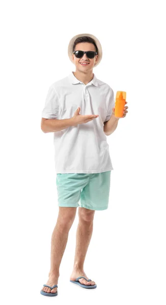 Joyeux Jeune Homme Avec Crème Protection Solaire Sur Fond Blanc — Photo