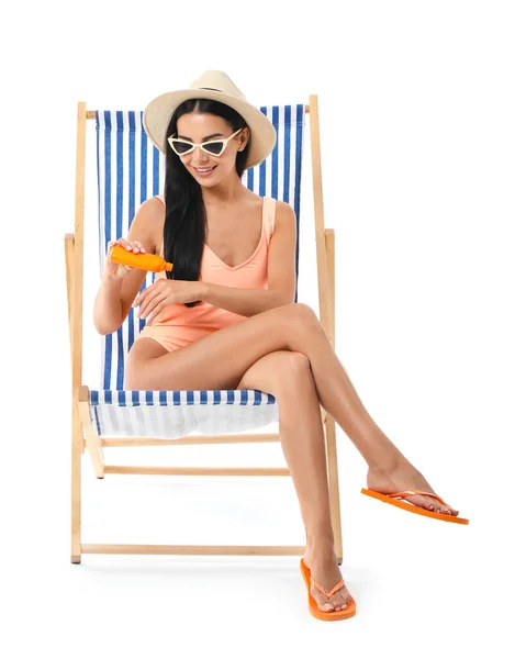 Happy Young Woman Sun Protection Cream White Background — Stock Photo, Image