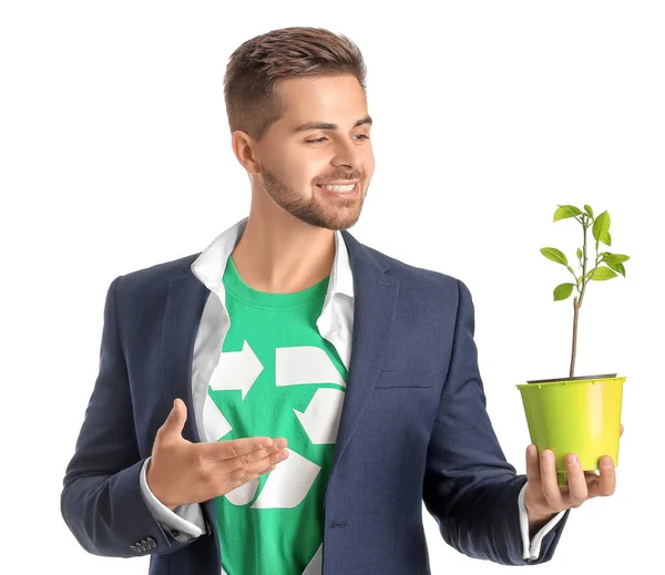 Man Shirt Recycling Sign Plant White Background Ecology Concept — Stock Photo, Image