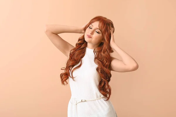 Beautiful Young Redhead Woman Color Background — Stock Photo, Image