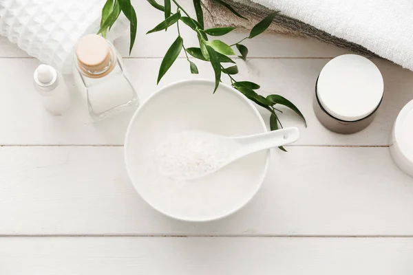 Healthy Rice Water Cosmetic Supplies Table — Stock Photo, Image