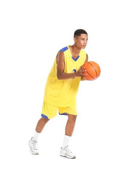 Jovem Jogador Basquete Afro Americano Fundo Branco — Fotografia de Stock