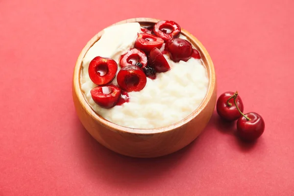 Bowl Boiled Rice Cherry Color Background — Stock Photo, Image