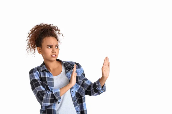 Scared African American Woman White Background Stop Racism — Stock Photo, Image