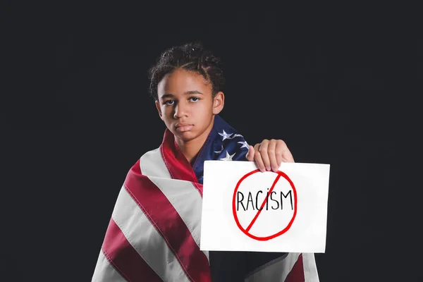 Sorglig Afroamerikansk Flicka Med Affisch Och Usa Flagga Mörk Bakgrund — Stockfoto