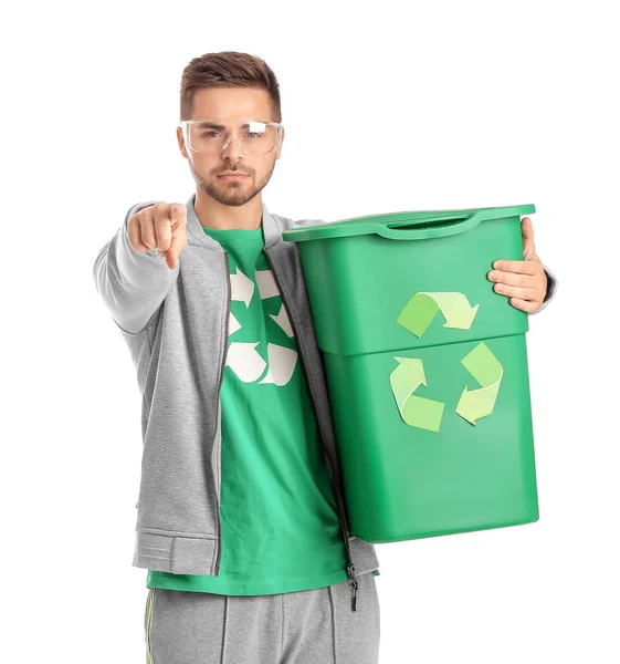 Man Shirt Recycling Sign Trash Bin Pointing Viewer White Background — Stock Photo, Image