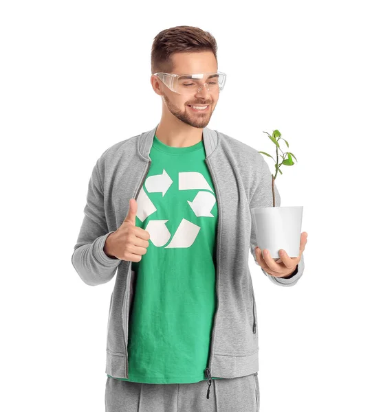 Man Shirt Recycling Sign Plant Showing Thumb Gesture White Background — Stock Photo, Image