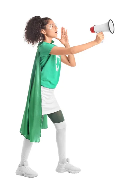 女性ドレスとしてエコスーパーヒーローとしてメガホン上の白い背景 — ストック写真