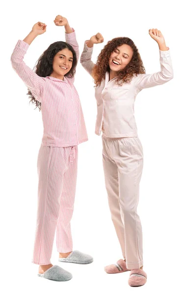 Beautiful Young Women Pajamas White Background — Stock Photo, Image