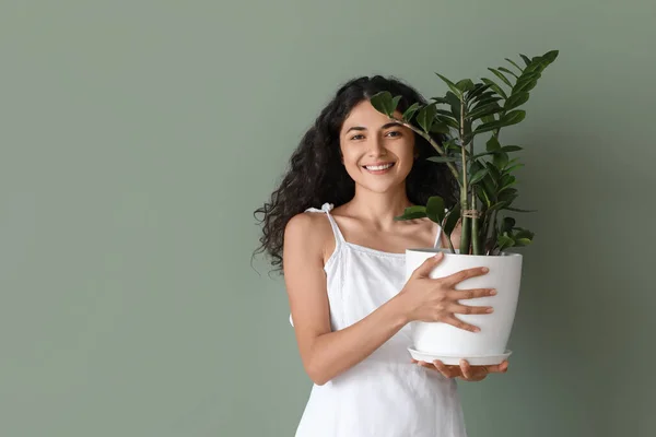 Beautiful Young Woman Houseplant Color Background — Stock Photo, Image
