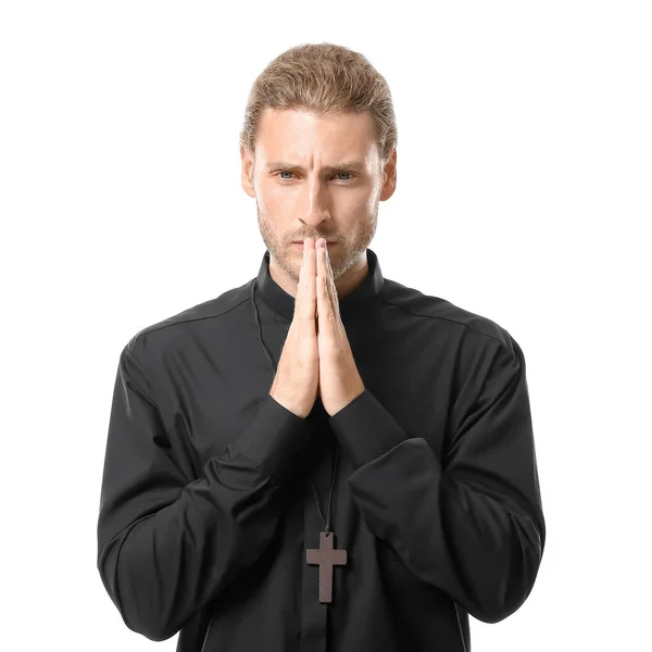 Προσευχόμενος Ιερέας Λευκό Φόντο — Φωτογραφία Αρχείου