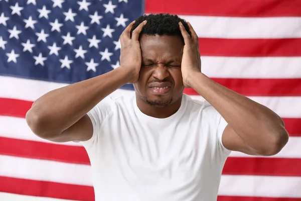 Stressed African American Man National Flag Usa Stop Racism — Stock Photo, Image