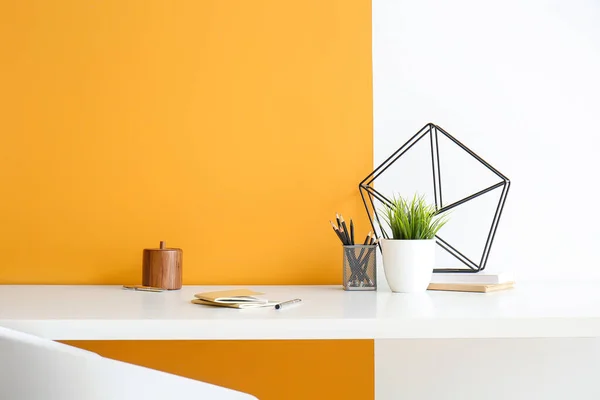 Stylish Workplace Houseplant Stationery Color Wall — Stock Photo, Image