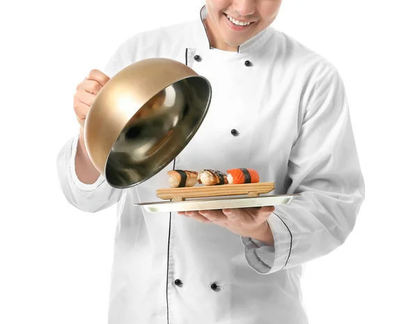 Bello Chef Asiatico Con Sushi Rotoli Sfondo Bianco — Foto Stock