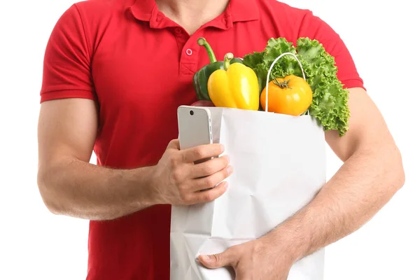 Delivery Man Food Bag Mobile Phone White Background Closeup — Stock Photo, Image