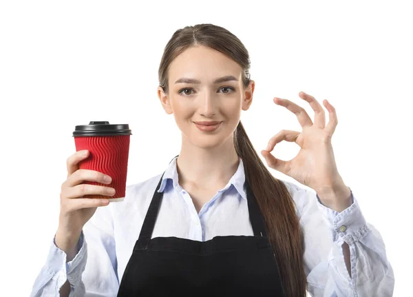 Joven Barista Femenina Sobre Fondo Blanco — Foto de Stock