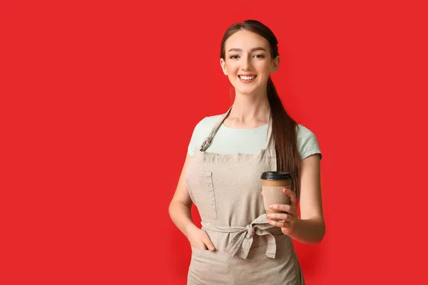 Jonge Vrouwelijke Barista Kleur Achtergrond — Stockfoto